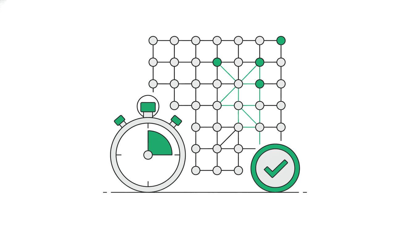 A stopwatch beside a grid of dots filling in and a small coin