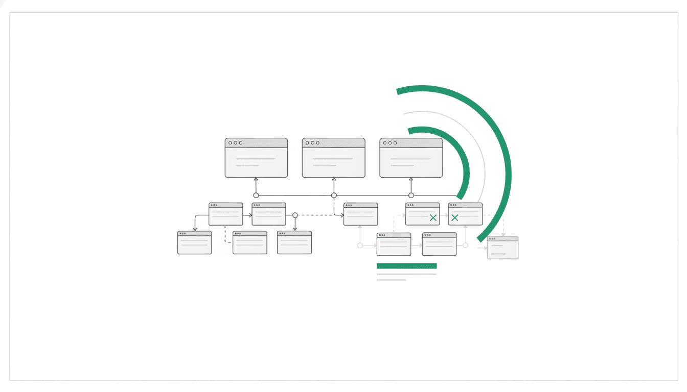 Illustrated website graph with a monitoring sweep revealing a weakened branch of pages