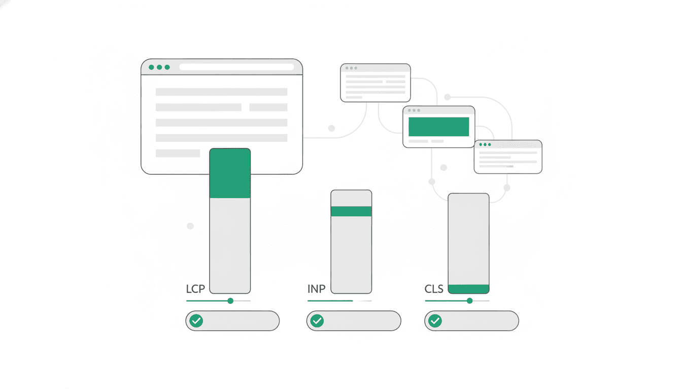 A simple diagram shows three vertical bars representing LCP, INP, and CLS, each with a target value and a progress indicator, illustrating how website performance is measured