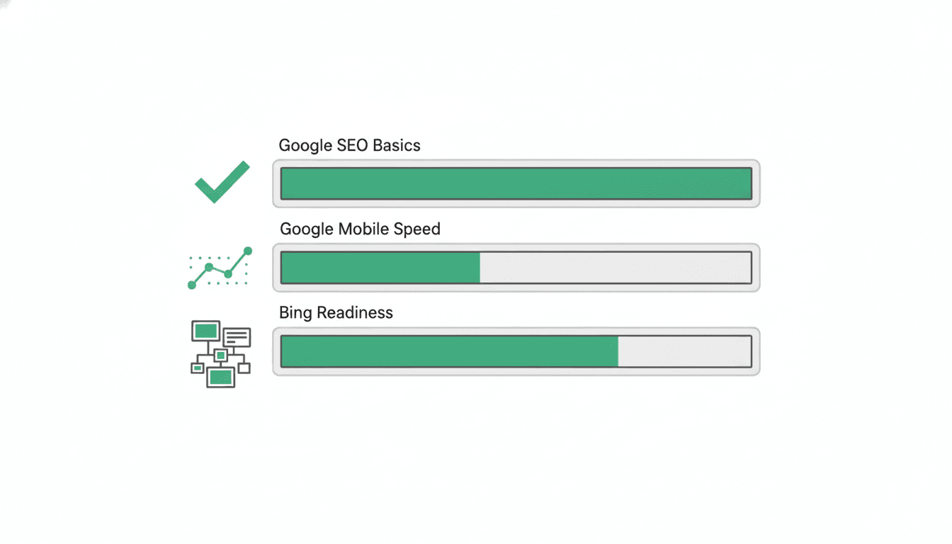 Three score bars for Google SEO basics, Google mobile speed and Bing readiness