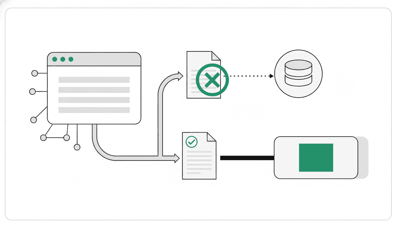 A diagram showing two paths. One path leads to a "noindex" sign, indicating that a page is crawled but not indexed.