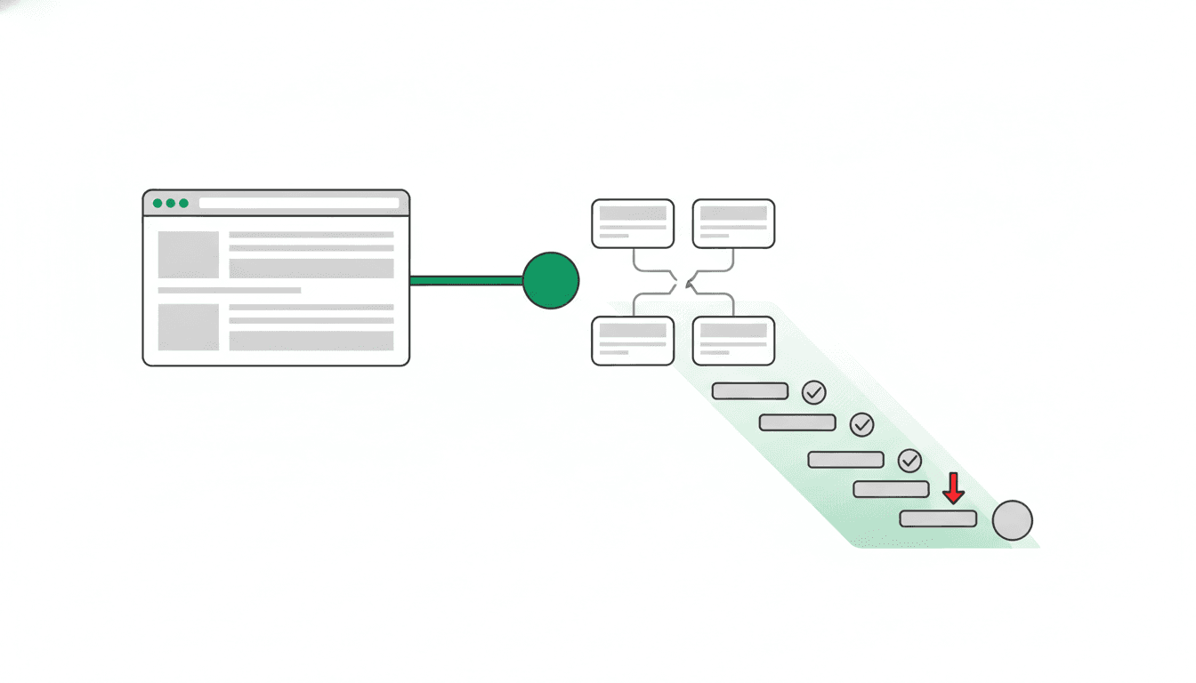 Illustrated page network with a broken connection and a declining conversion path