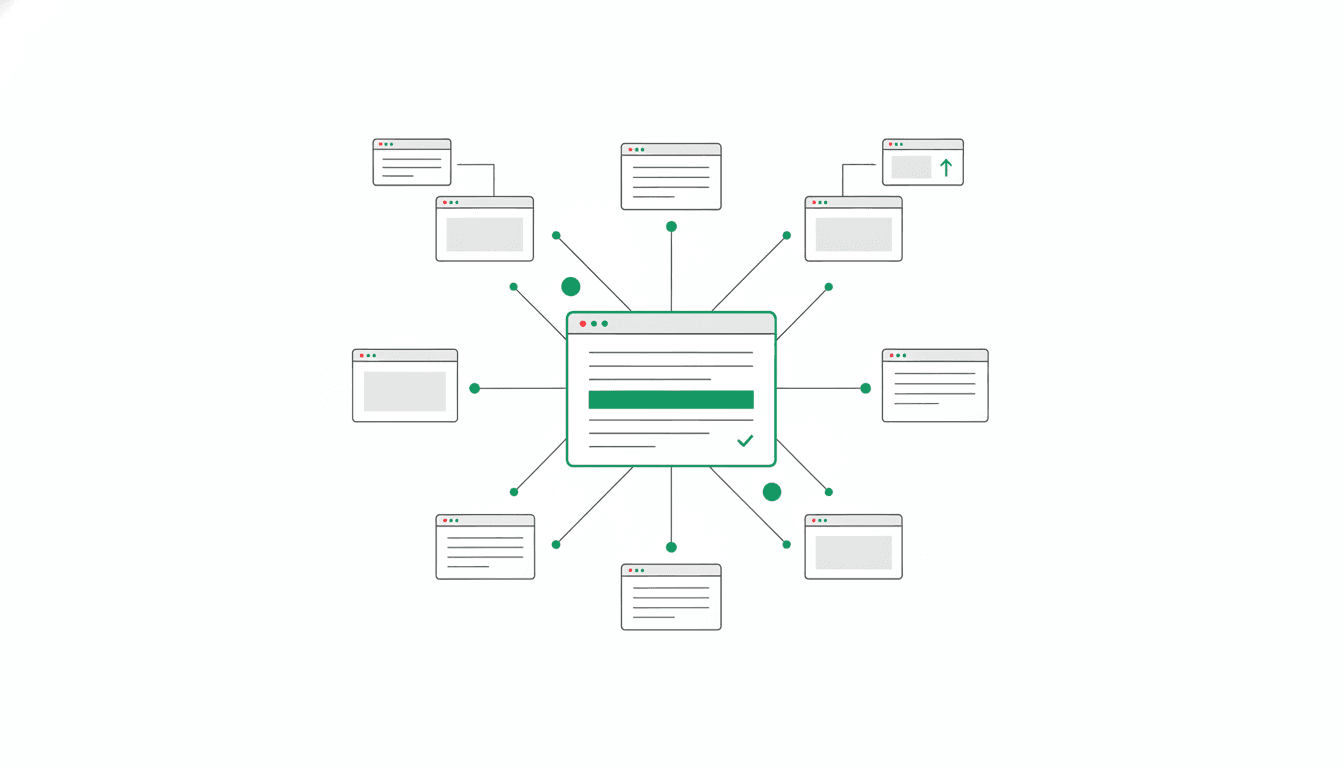 Illustrated network of web pages monitored for discovery and changes