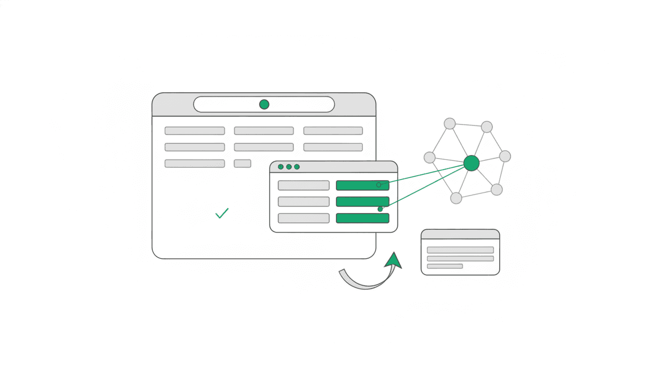 An AI answer bubble with a quoted snippet cited to a web page card