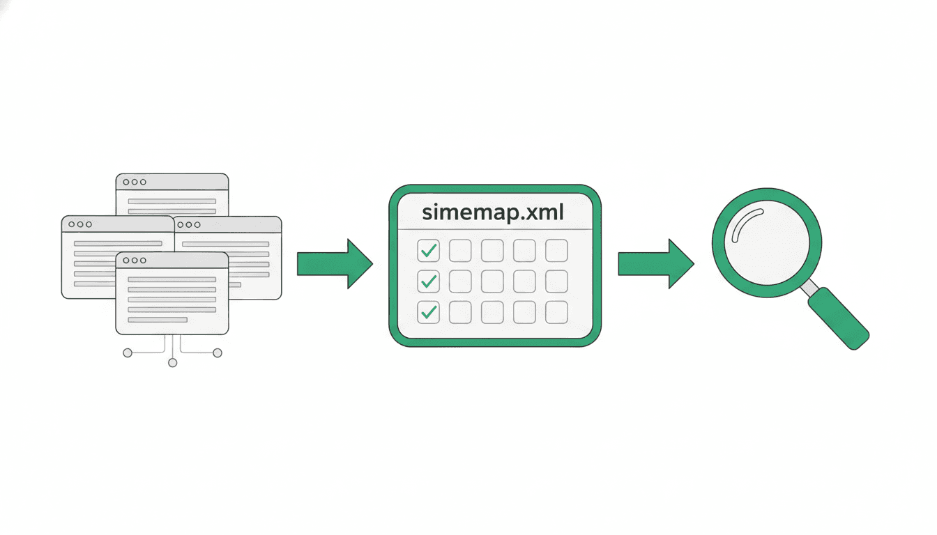 A simple diagram showing a website with multiple pages, and an arrow pointing from the website to a file labeled "sitemap.xml," which then has an arrow pointing to a magnifying
