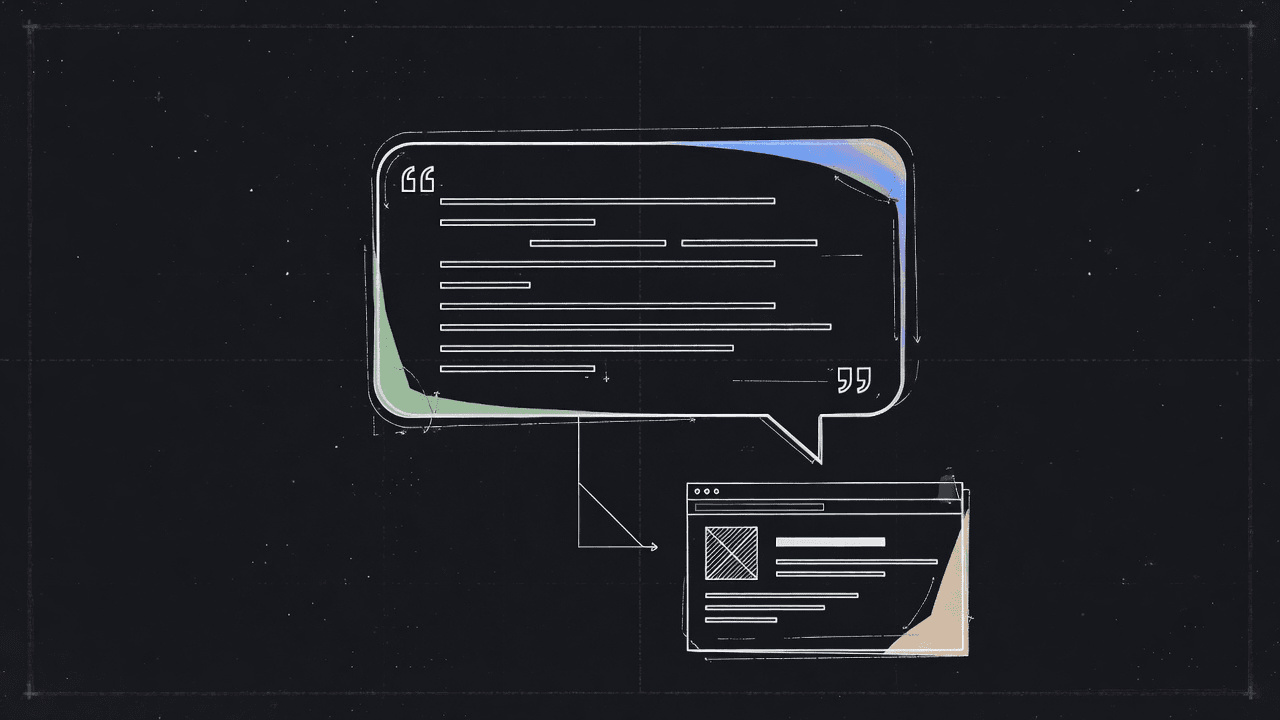 An AI answer bubble with a quoted snippet cited to a web page card