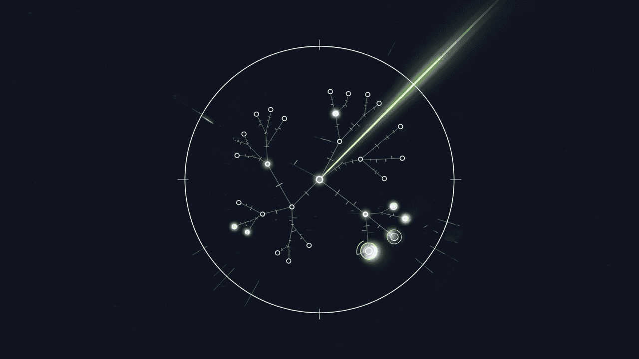 A radar sweep over a constellation of connected dots forming a sitemap
