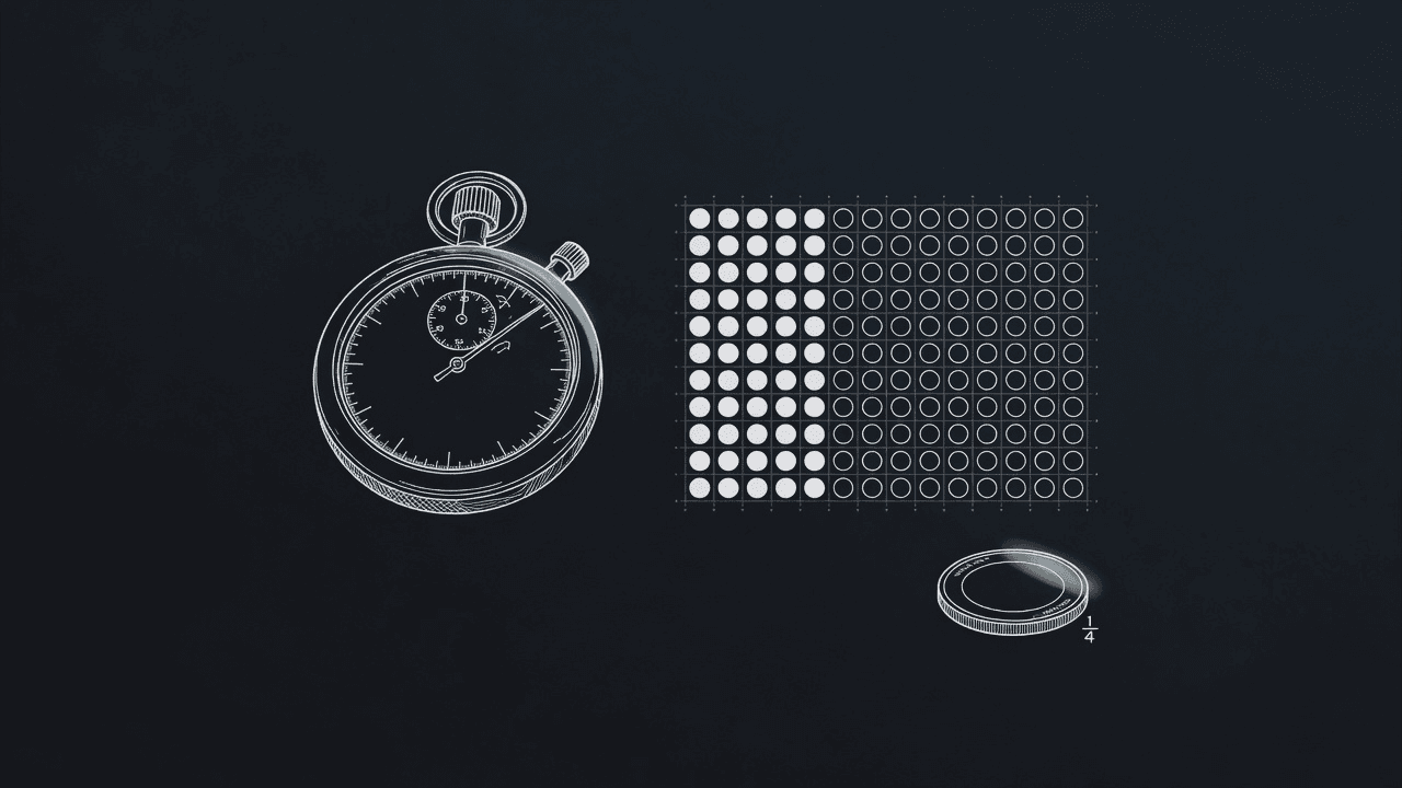 A stopwatch beside a grid of dots filling in and a small coin